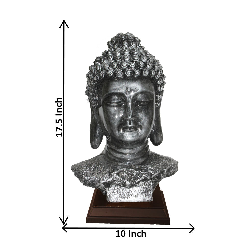 Buddha Bust Statue With Wooden Base Silver Antique 45 cm-G57W1063SSAGX