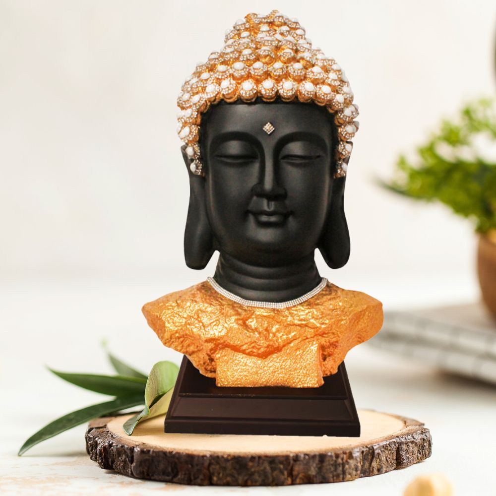 Buddha Bust Statue With Wooden Base Glitter Matt 45 cm-G57W1063KGGMZ