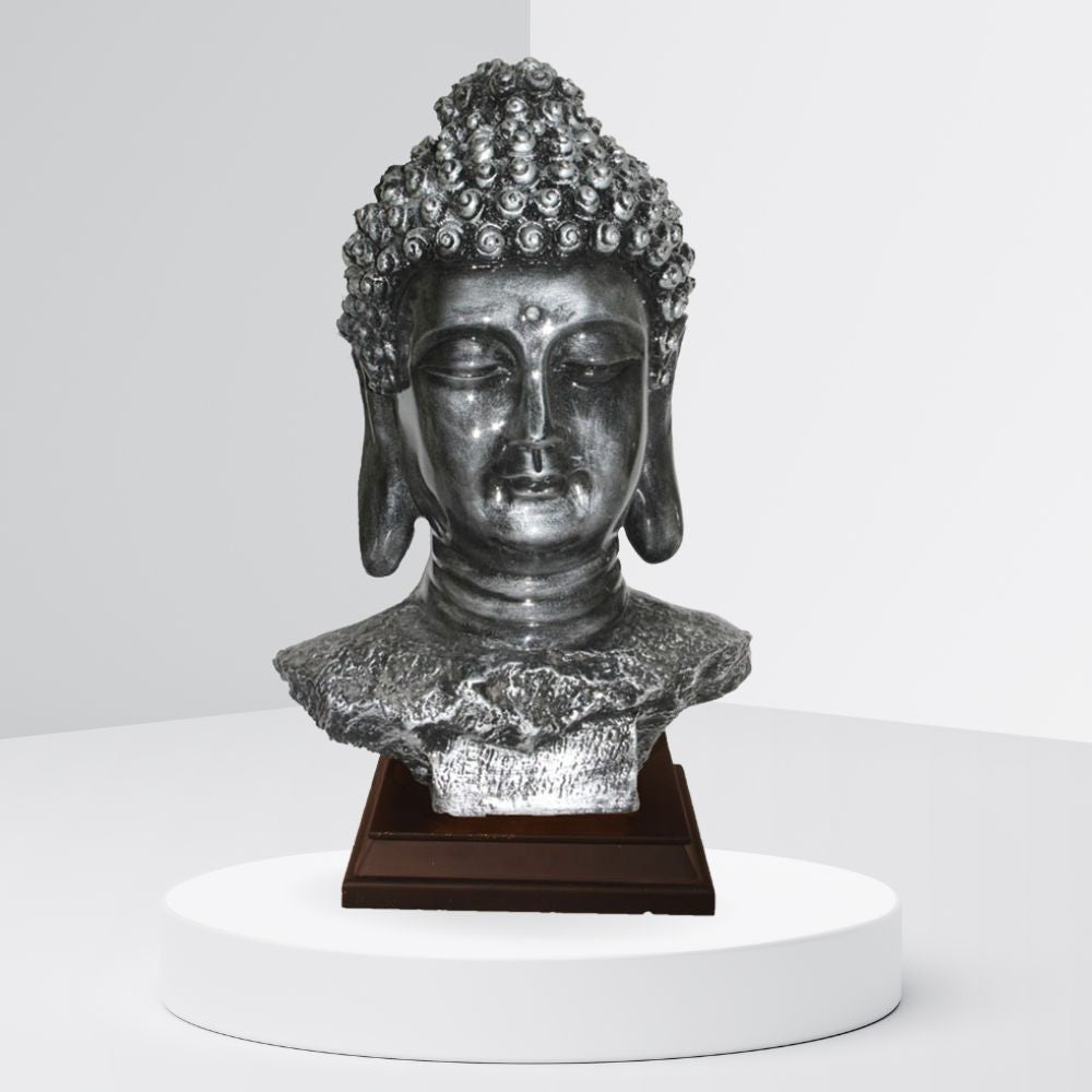 Buddha Bust Statue With Wooden Base Silver Antique 45 cm-G57W1063SSAGX