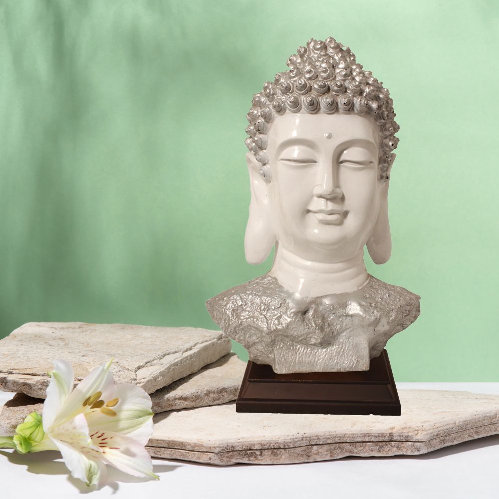 Buddha Bust Statue With Wooden Base White Silver 45 cm-G57W1063WSLGX