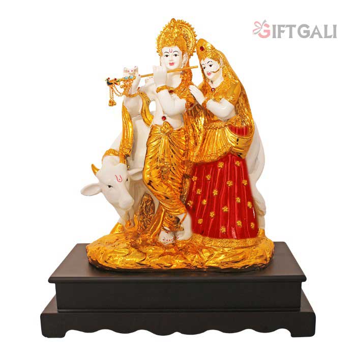 Gold Plated Radha Krishna with Cow Sculpture 36 cm-G50X0022R000TEAS