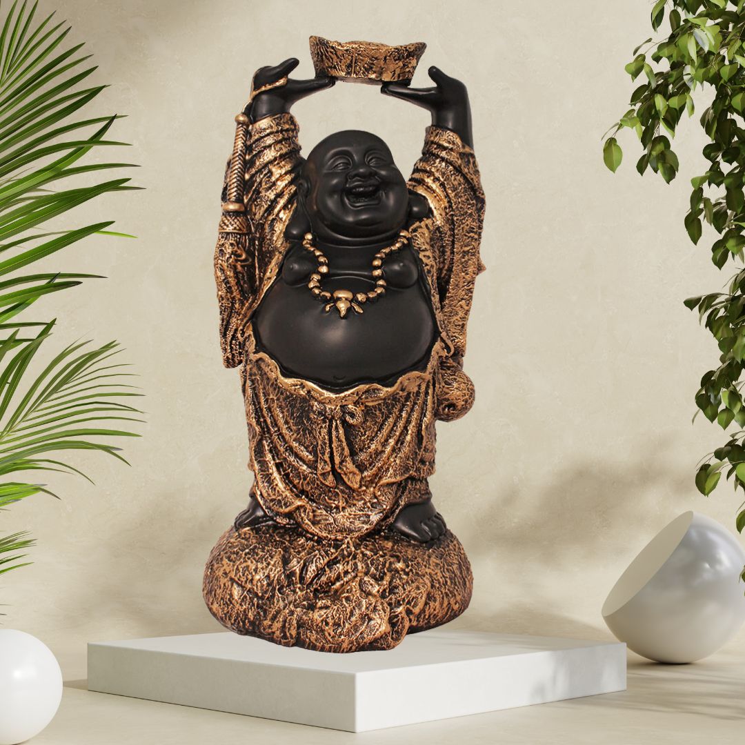 Laughing Buddha Polyresin Statue Black Golden 38 cm-G57X1081KGNMX