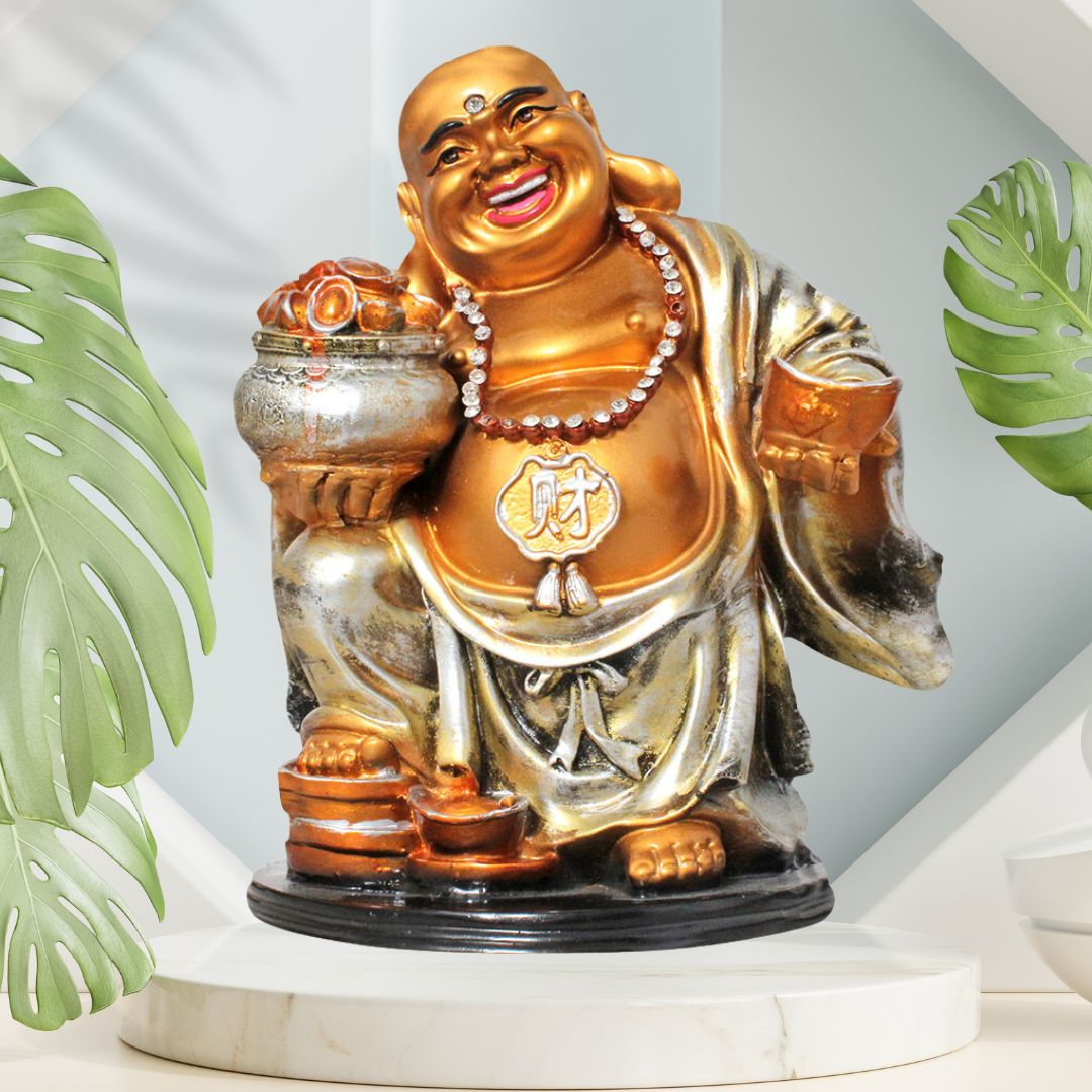 Laughing Buddha Vastu Sculpture Pearl Golden Look 28 cm G57X1396GSSGZ